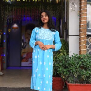 Sky blue cotton straight long chikankari kurti with thread work - Image 1