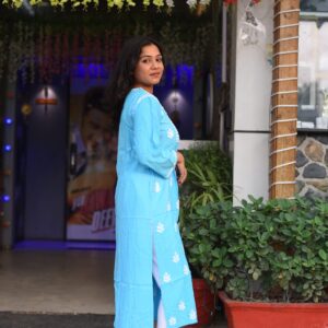 Sky blue cotton straight long chikankari kurti with thread work - Image 3