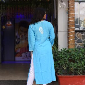 Sky blue cotton straight long chikankari kurti with thread work - Image 4