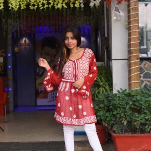 Red chikankari short frock kurti - Image 1