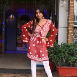 Red chikankari short frock kurti - Image 2
