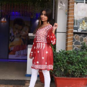Red chikankari short frock kurti - Image 3