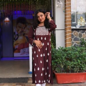 Pure cotton brown kurti with thread work - Image 1