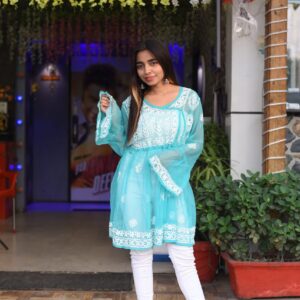 Sky blue Designer chikankari kurti - Image 1