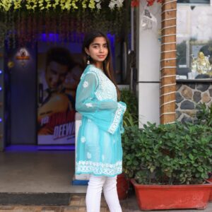 Sky blue Designer chikankari kurti - Image 4