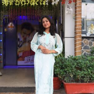 Sky blue long straight chikankari kurti - Image 1