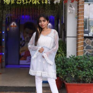 Grey Chikankari short frock kurti - Image 1