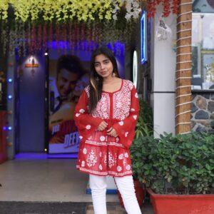 Red chikankari kurti - Image 1