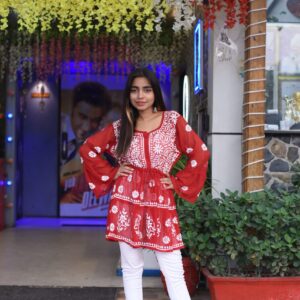Red chikankari kurti - Image 2