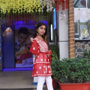 Red chikankari kurti - Image 4