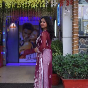 Marron chikankari long kurti with thread work - Image 4