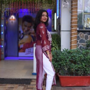 Marron chikankari long kurti with thread work - Image 3