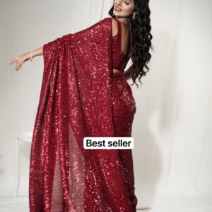 Lustrous Elegance Red Sequin Saree - Image 2