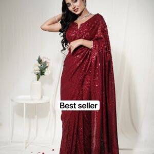 Lustrous Elegance Red Sequin Saree - Image 1