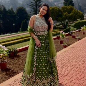 Green Georgette lehnga with sequence zari work
