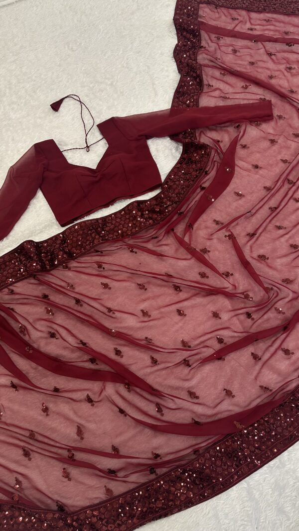 Designer Wine Sequin Saree draped beautifully for photoshoot – Falconn