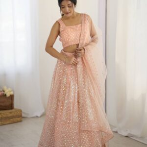 Peach Sequin Net Lehenga Set - Image 4
