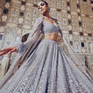 Glittery Grey Shimmer Lehenga Set – Silk with Sequins