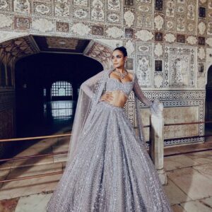 Glittery Grey Shimmer Lehenga Set – Silk with Sequins - Image 4