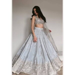 Silver Mist Satin Silk Lehenga Set with sequins zari and dori work, silver party wear lehenga with net dupatta