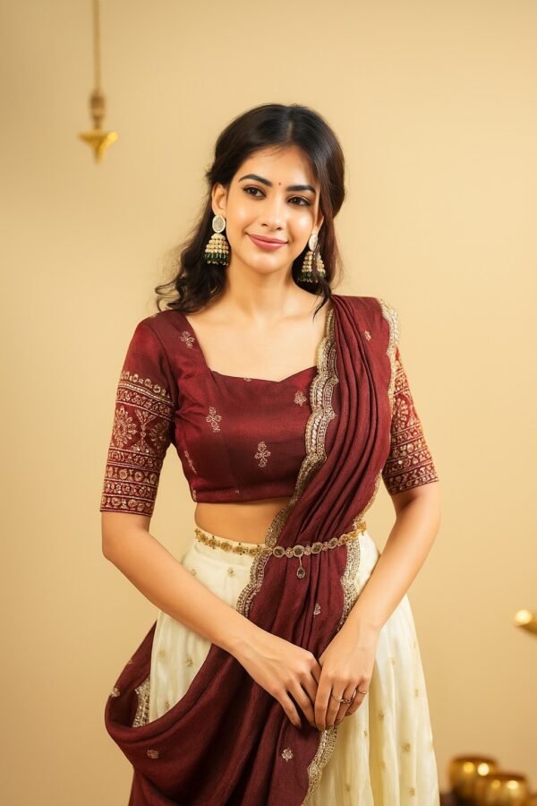 Designer pure crepe silk lehenga with sequins and zari work side angle view