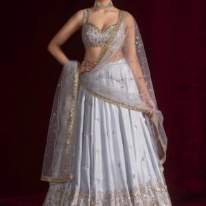 Designer silver lehenga choli in satin silk with heavy embroidery and can can flair