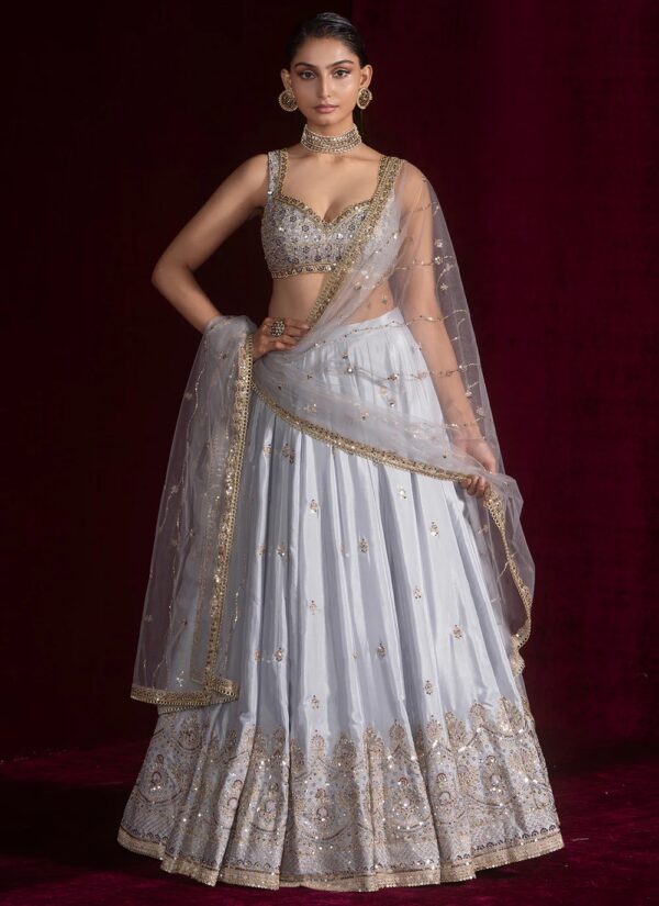 Designer silver lehenga choli in satin silk with heavy embroidery and can can flair