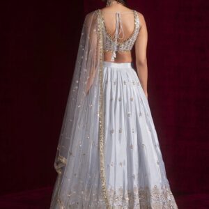 Wedding wear silver lehenga in satin silk with sequins zari dori embroidery