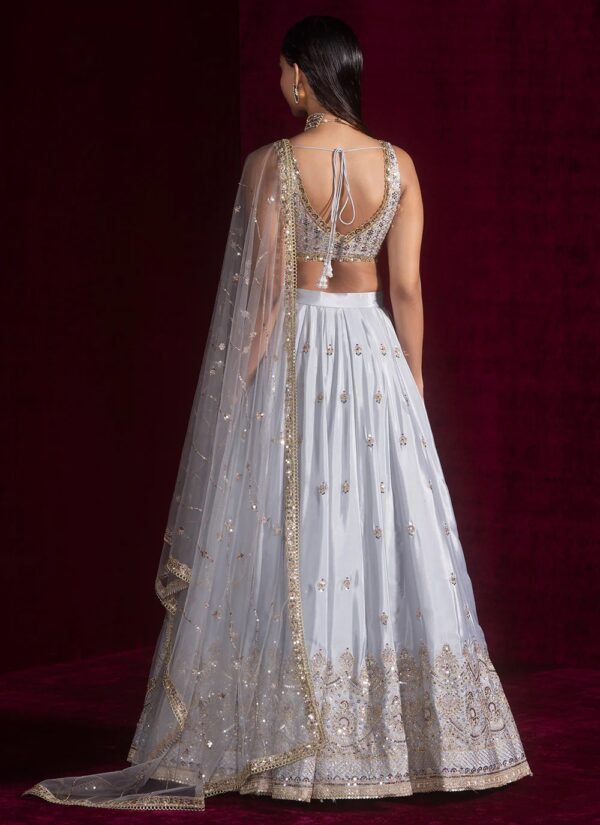 Wedding wear silver lehenga in satin silk with sequins zari dori embroidery