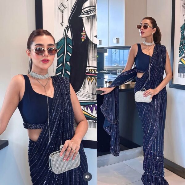 Party wear midnight blue sequin saree modern styling look