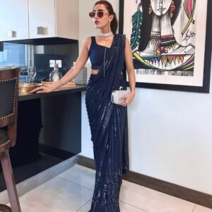 Blue georgette saree with sequins thread and dori work detail