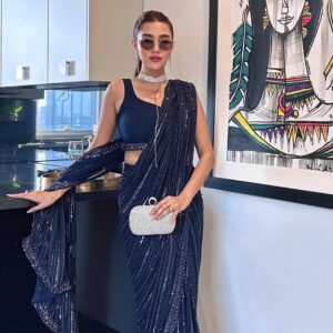 Midnight blue sequin georgette saree with satin blouse party wear