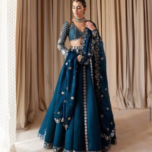 Royal teal malai silk designer lehenga with 3.5 meter flair