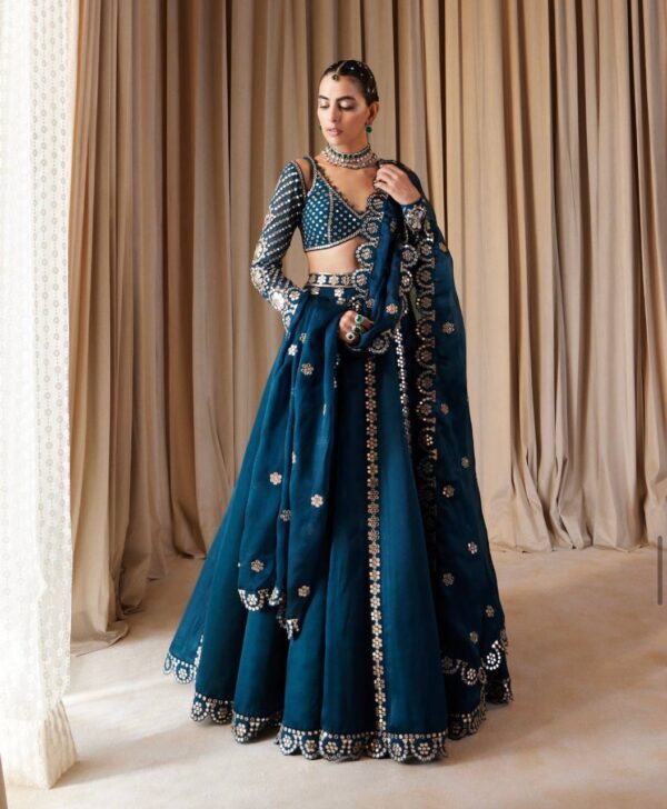 Royal teal malai silk designer lehenga with 3.5 meter flair
