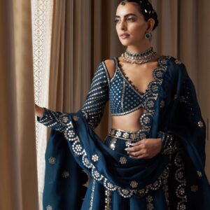 Royal teal designer lehenga in malai silk with sequin zari work