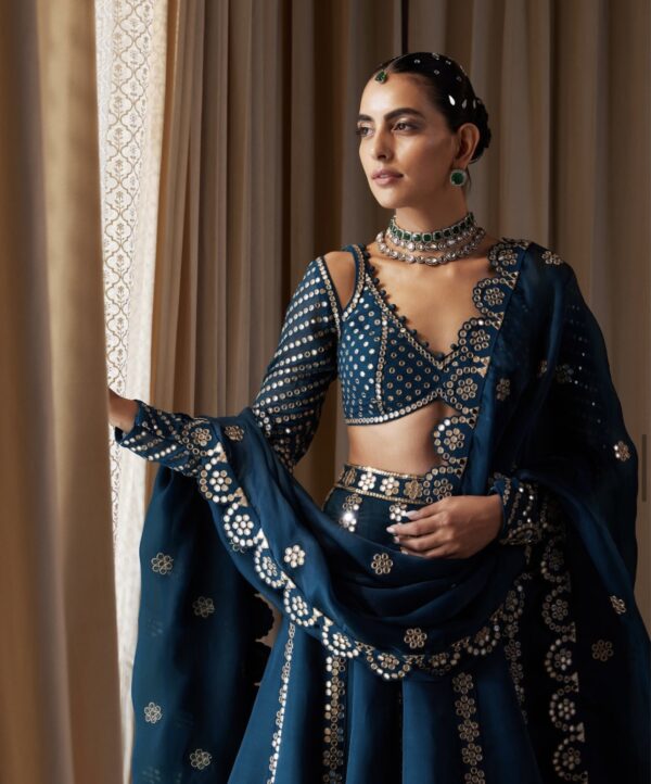 Royal teal designer lehenga in malai silk with sequin zari work