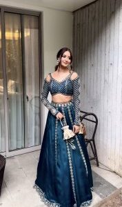 Royal teal designer lehenga blouse back embroidery work