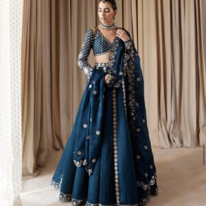 Royal teal malai silk dupatta with sequin zari work