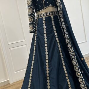 Royal teal designer lehenga with sequin zari border and can-can