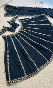 Royal teal designer lehenga side view elegant fall