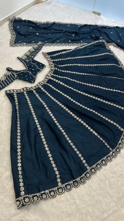 Royal teal designer lehenga side view elegant fall