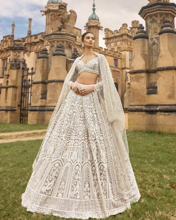 Ivory Embroidered Net Lehenga – Falconn Ivory net lehenga with 3.25 meter flair, sequins, dori and thread work