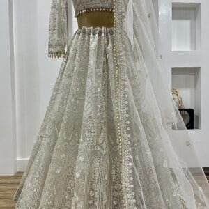 Ivory pearl work bridal net lehenga set with blouse and dupatta