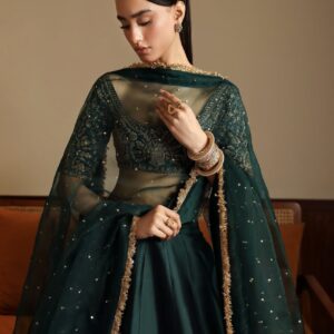 Emerald green malai satin lehenga set with net dupatta stone work