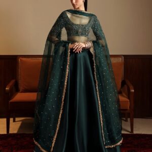 Emerald green malai satin lehenga with 4.5 meter flair and can can