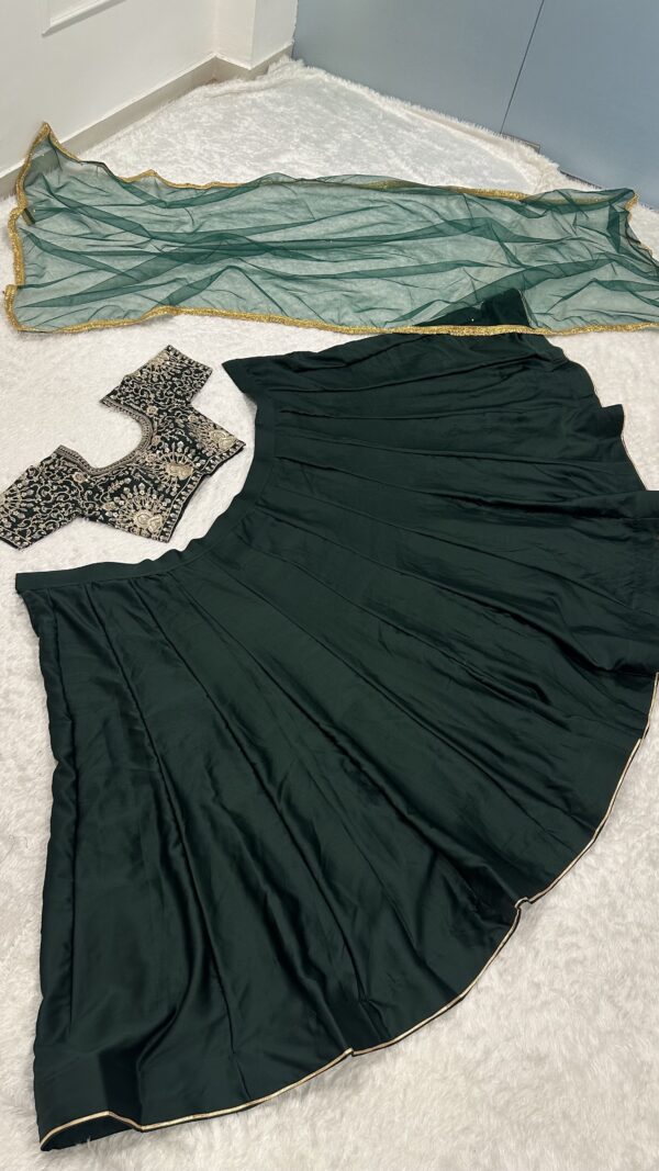 Emerald green malai satin lehenga set for wedding and festive wear