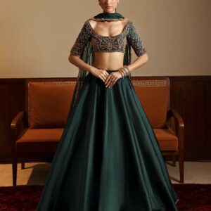 Emerald green malai satin lehenga set party wear with 4.5 meter flair