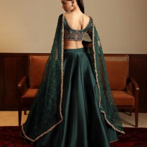 Emerald green malai satin lehenga set unstitched blouse back design