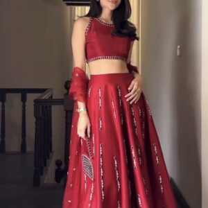 Crimson red mirror work lehenga set in Malai satin silk with heavy flare