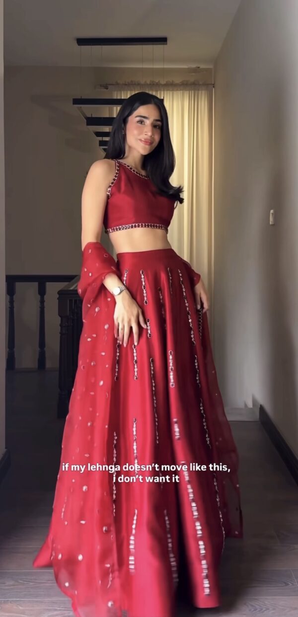 Side view of mirror work lehenga set in Malai satin silk